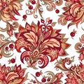 Seamless pattern of red flowers with berries on a white background Royalty Free Stock Photo
