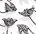 Seamless pattern with decorative sting ray or manta creatures in black and white colours. Tribal style