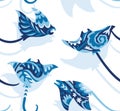 Seamless pattern with decorative sting ray or manta creatures in blue colours. Gzel style Royalty Free Stock Photo