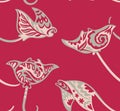 Seamless pattern with decorative sting ray or manta creatures in viva magenta colours. Tribal style
