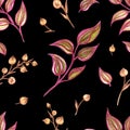 Seamless pattern of decorative twigs on a black background