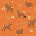 Seamless pattern with deer, autumn leaves and fly agaric. Vector graphics