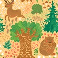 Seamless pattern with deer, bears in the woods.