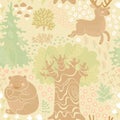 Seamless pattern with deer, bears in the woods.