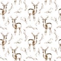 Seamless pattern of a deer and floral.Forest animals and branch.