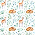 Seamless pattern of a deer and floral.Forest animals. Royalty Free Stock Photo