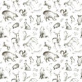 Seamless pattern of a deer,hedgehog,fox,wolf,bird,bear,hare,owl and floral. Royalty Free Stock Photo