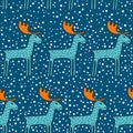 Seamless pattern with deer. Turquoise deer and white snowflakes.