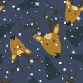 Colorful seamless pattern, deers, fir trees, snow. Decorative cute background with animals. Happy New Year Royalty Free Stock Photo