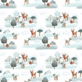 Seamless pattern of deers in warm clothes in winter forest landscape Royalty Free Stock Photo