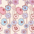 Seamless pattern of delicate blue,pink and lilac daisies and bluebells Royalty Free Stock Photo