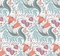 Seamless pattern with delicate floral composition with tulips, berries and physalis on white background. Vector tender natural