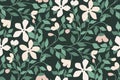 Seamless floral pattern, old fashion botanical print with delicate garden: small white flowers, leaves on dark. Vector. Royalty Free Stock Photo