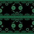 Seamless pattern delicate openwork circles green on black