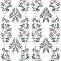 Seamless pattern, delicate pink flower with sharp green foliage on a white background, floral ornament for textile