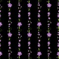 Seamless pattern from delicate purple daisies with buds and leaves in row