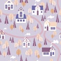 Seamless pattern in delicate purple lavender pastel colors. Vector illustration city landscape cute houses autumn trees. For Royalty Free Stock Photo