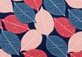 Seamless pattern of delicate skeletonized leaves in red blue and cream isolated on white background Royalty Free Stock Photo