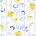 Seamless pattern of delicate yellow roses with snowberry branches and blue leaves on white with pink vertical stripes background. Royalty Free Stock Photo