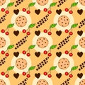 Seamless pattern with delicious chocolate chip cookies. Biscuits, wafer sticks and cherry.