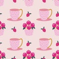 Seamless pattern of delicious flower cupcakes, strawberries, and cute polka dot teacups for an afternoon tea party.