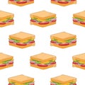 Seamless pattern with delicious sandwiches on white background. Tasty appetizing fast food meal for lunch or dinner