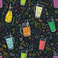 Seamless pattern with delicious vegan drinks, tasty juices or smoothies made of berries, fruits and vegetables on black