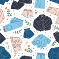 Seamless pattern with denim clothes. Endless repeating background with fashion jeans garments. Texture design with