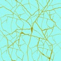 Seamless pattern of dense gold cracking formed on azure blue - kintsugi concept, golden crinkles, broken pottery texture