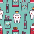 Seamless pattern with dental elements teeth, crown, floss, toothpaste, brush, lotion