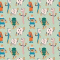 Seamless pattern with Dental instruments and teeth hygiene items in retro cartoon style illustration Royalty Free Stock Photo