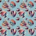 Seamless pattern depicting galaxies in coffee cups on blue background