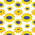 Seamless pattern depicting three types of sunflowers on a white background