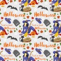 Seamless pattern for design decoration for all saints eve Halloween a Witch sits with a broom next to a coffin and lettering flat