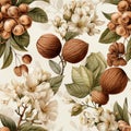 Seamless pattern design featuring watercolour hazelnuts for fabric or packaging Royalty Free Stock Photo