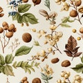 Seamless pattern design featuring watercolour hazelnuts for fabric or packaging Royalty Free Stock Photo