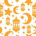 Seamless pattern design with flat lantern, star, crescentÂ objects.