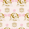 Seamless pattern design with golden hands, flowers, diamonds and evil eye Royalty Free Stock Photo