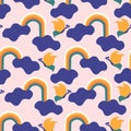 Colorful groovy clouds,rainbow and birds , in a seamless pattern design