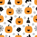 Seamless pattern design for Halloween. Halloween symbol background with ghost, pumpkin, spider. Cartoon style hand-drawn