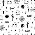 Seamless pattern design for Halloween. Halloween symbol background with ghost, spider, cartoon hand drawn style.