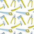 Yellow handsaw, hammer, pliers and axe Royalty Free Stock Photo