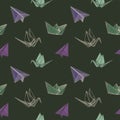 Seamless pattern design with illustration of origami plane, crane and boat