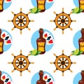 Seamless pattern for design surface on pirate theme. Bottle of rum and playing cards Royalty Free Stock Photo