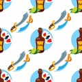 Seamless pattern for design surface on pirate theme. Bottle of rum and playing cards Royalty Free Stock Photo