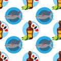 Seamless pattern for design surface on pirate theme. Bottle of rum and playing cards Royalty Free Stock Photo