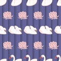 Seamless pattern design with white swans and pink water lily flower on purple striped background Royalty Free Stock Photo