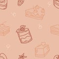 Seamless pattern with desserts. Delicious pastry and cream cake with cherries, dessert and cake with raspberries and