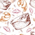 Seamless pattern with desserts. Hand drawn brownie, croissant, pastry. Vector illustration for your design.