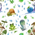 Seamless pattern. Destky style. Turtle, caterpillar, snail, frog, mushrooms, drops and leaves Royalty Free Stock Photo